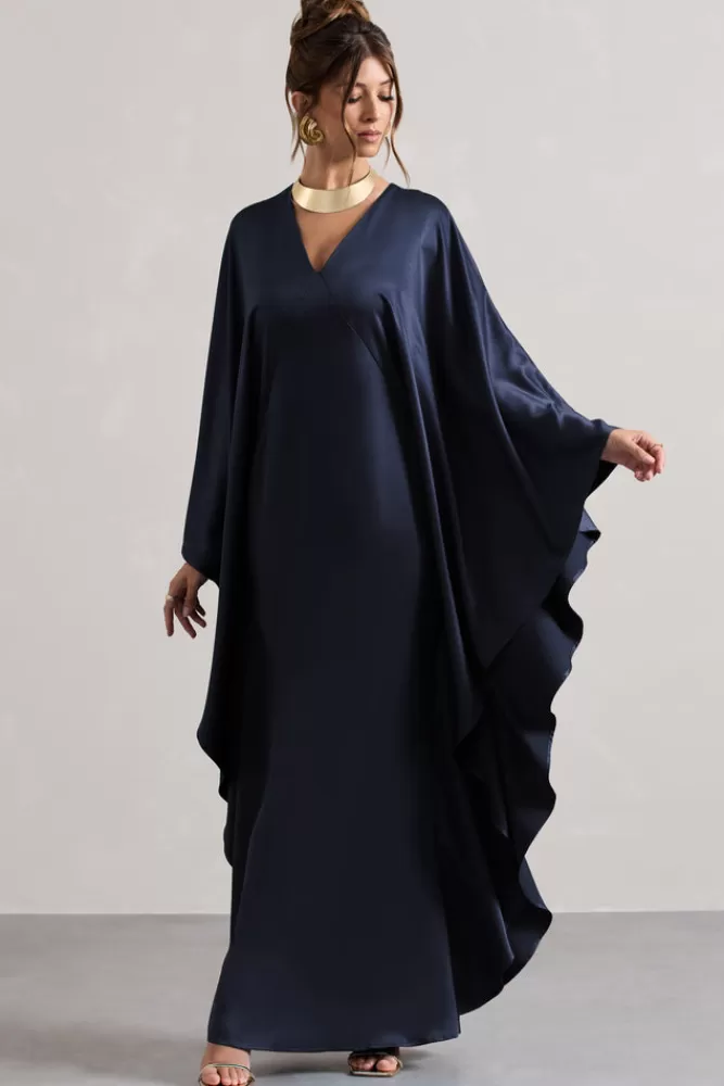 Club L London Alohi | Satin Plunge Cape Maxi Dress NAVY Clearance