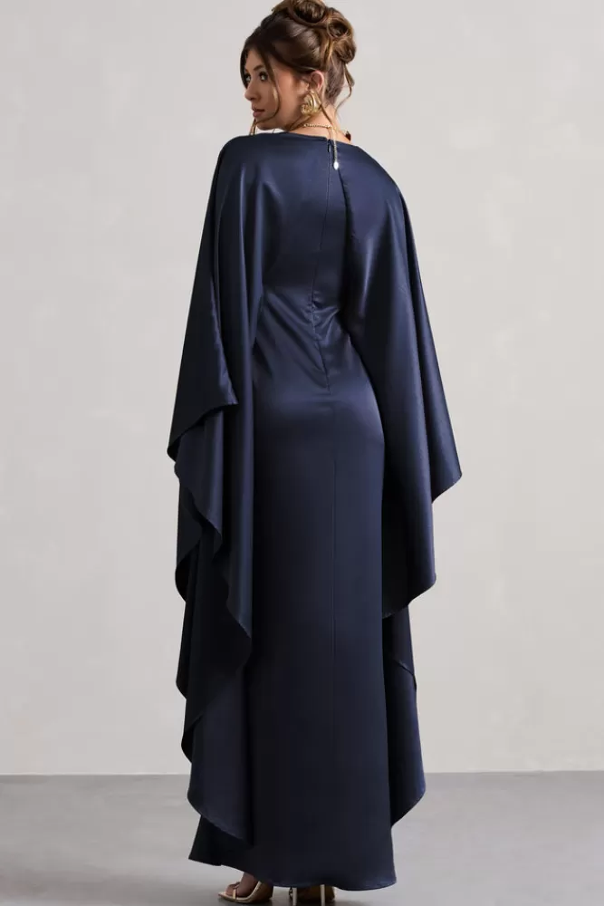 Club L London Alohi | Satin Plunge Cape Maxi Dress NAVY Clearance