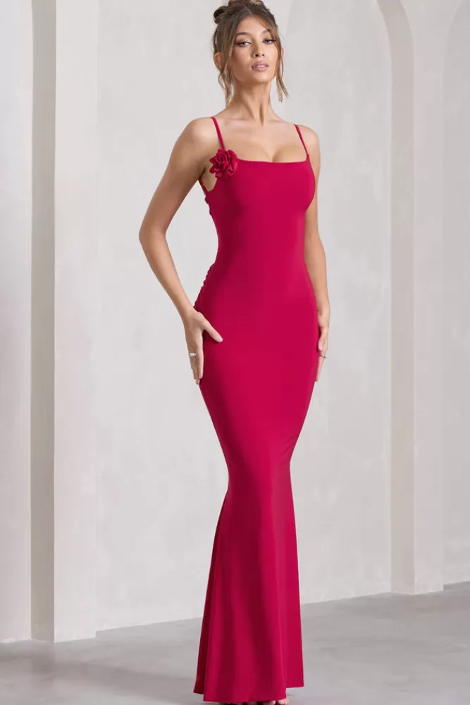 Club L London Alora | Strappy Lace-Up Maxi Dress With Flower Corsage RED Store