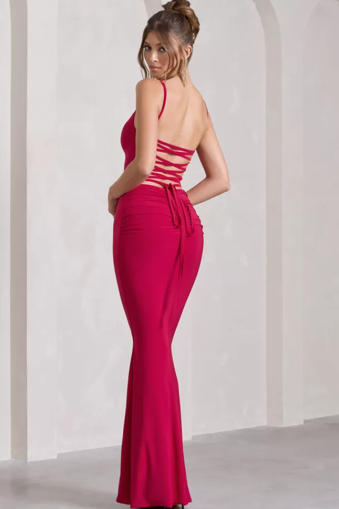 Club L London Alora | Strappy Lace-Up Maxi Dress With Flower Corsage RED Store