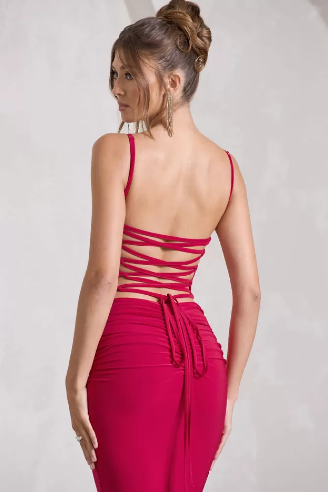 Club L London Alora | Strappy Lace-Up Maxi Dress With Flower Corsage RED Store