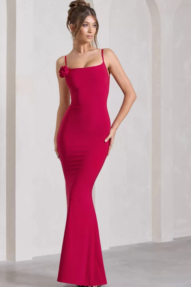 Club L London Alora | Strappy Lace-Up Maxi Dress With Flower Corsage RED Store