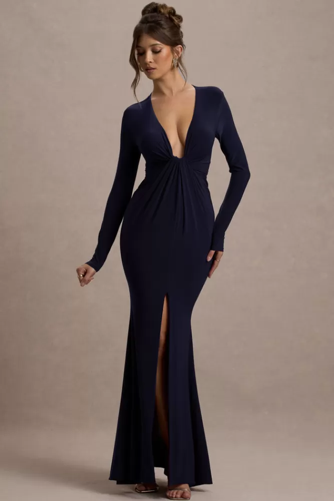 Club L London Aluna | Plunge-Neck Twisted Split Maxi Dress NAVY Clearance