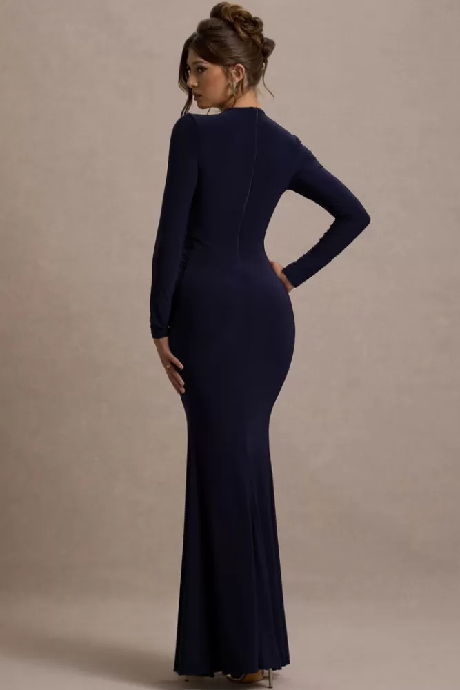 Club L London Aluna | Plunge-Neck Twisted Split Maxi Dress NAVY Clearance