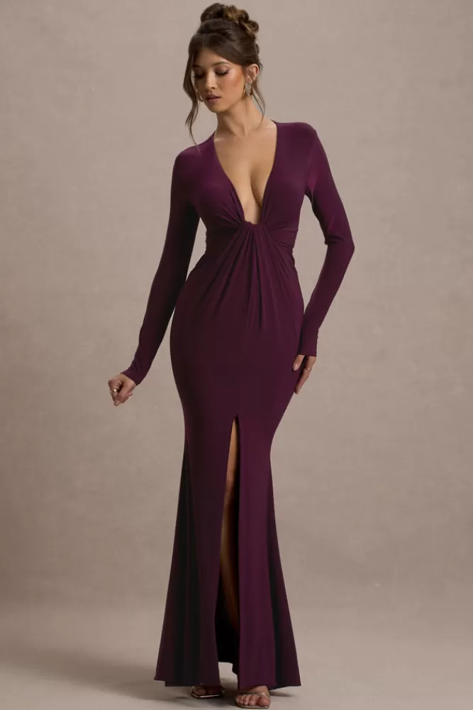 Club L London Aluna | Plunge-Neck Twisted Split Maxi Dress PLUM Best