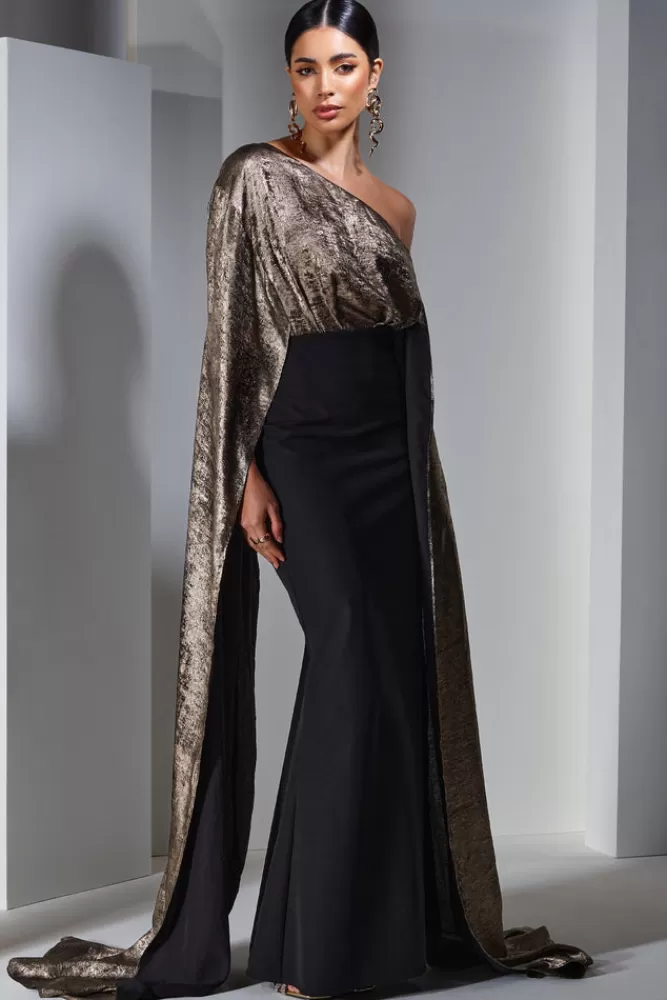 Club L London Alura | u0026 Gold Metallic One Shoulder Cape Maxi Dress BLACK Shop