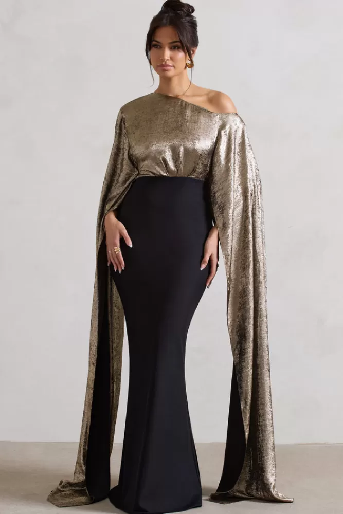 Club L London Alura | u0026 Gold Metallic One Shoulder Cape Maxi Dress BLACK Shop