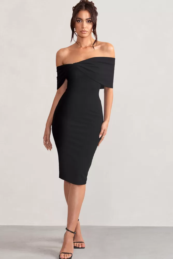 Club L London Alyssa | Bardot Bow Detail Midi Dress black Clearance