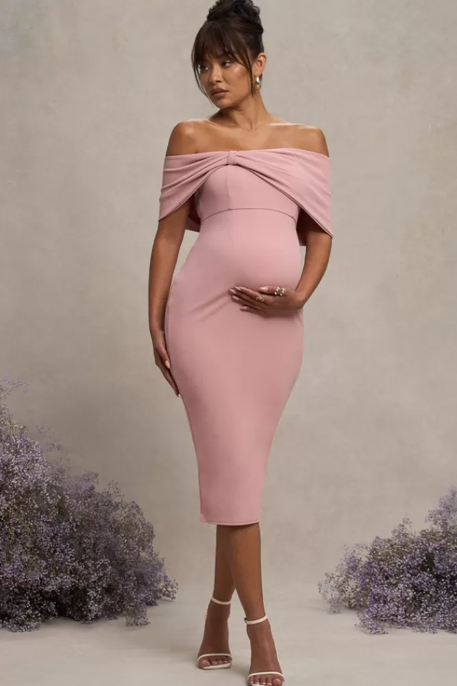 Club L London Alyssa | Bardot Bow Maternity Midi Dress with Ruching BLUSH Cheap