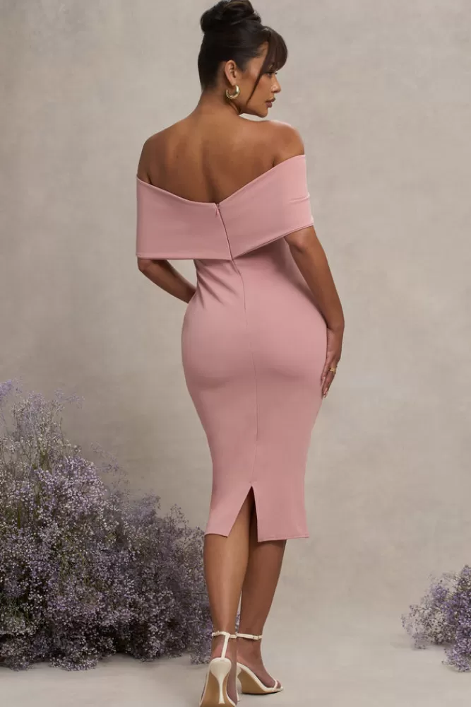 Club L London Alyssa | Bardot Bow Maternity Midi Dress with Ruching BLUSH Cheap