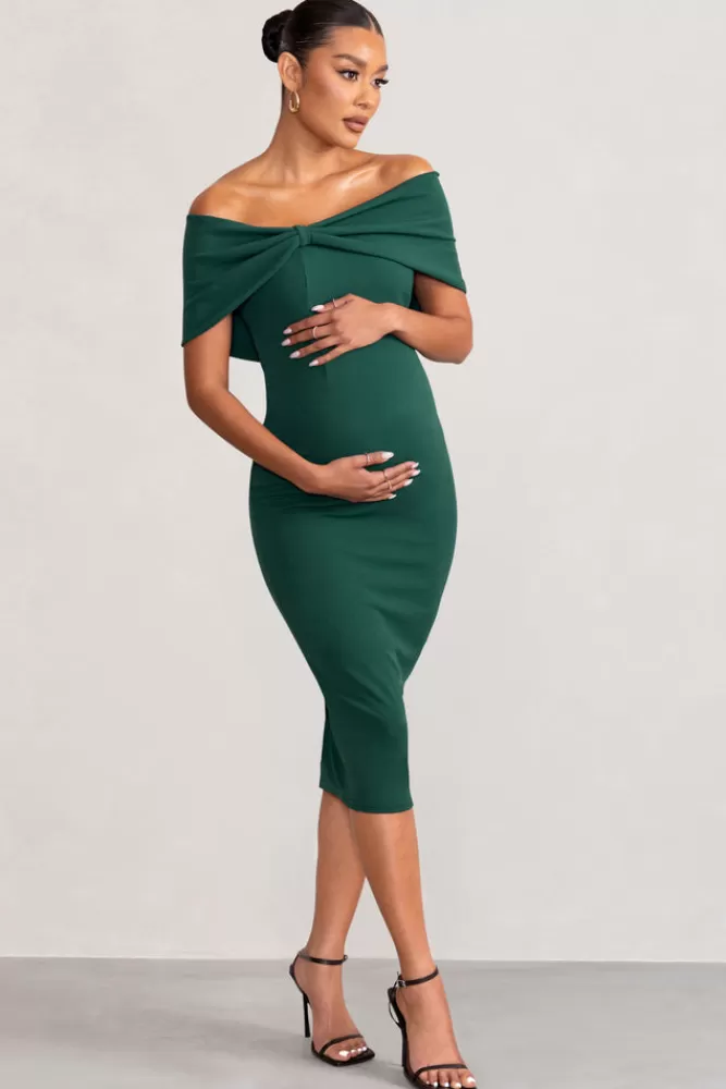 Club L London Alyssa | Bottle Green Bardot Bow Maternity Midi Dress with Ruching BOTTLEGREEN Store