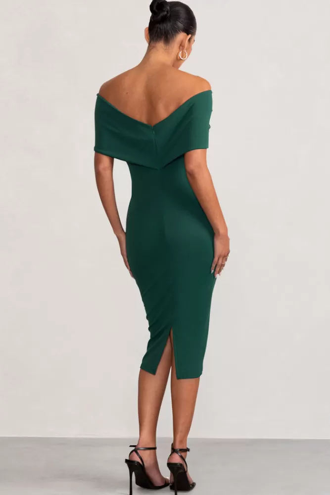 Club L London Alyssa | Bottle Green Bardot Bow Maternity Midi Dress with Ruching BOTTLEGREEN Store