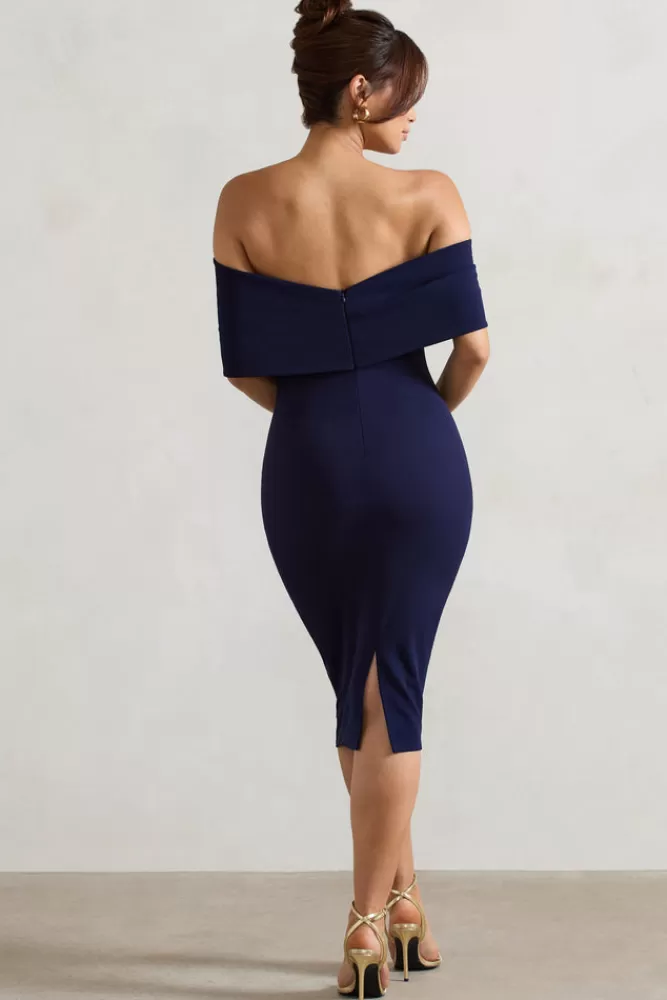 Club L London Alyssa | Bardot Bow Detail Midi Dress NAVY Store