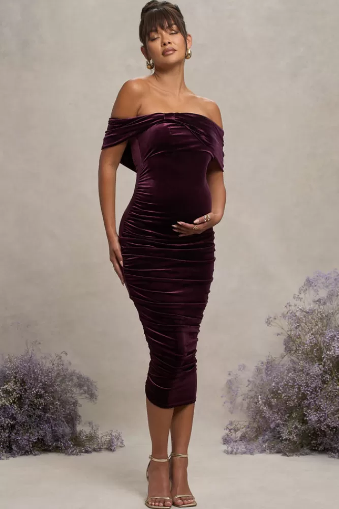 Club L London Alyssa | Velvet Maternity Bardot Bow Maternity Midi Dress with Ruching PORT Hot