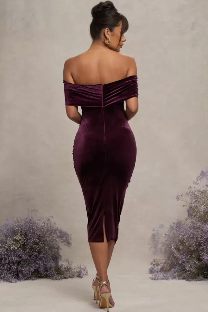 Club L London Alyssa | Velvet Maternity Bardot Bow Maternity Midi Dress with Ruching PORT Hot
