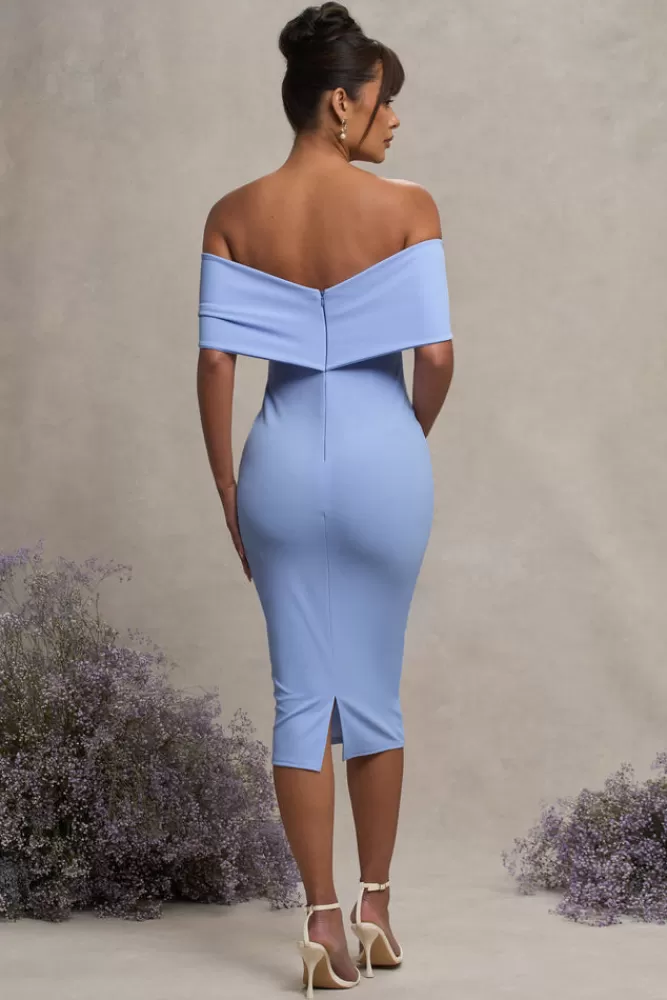 Club L London Alyssa | Powder Blue Bardot Bow Maternity Midi Dress with Ruching POWDERBLUE Online