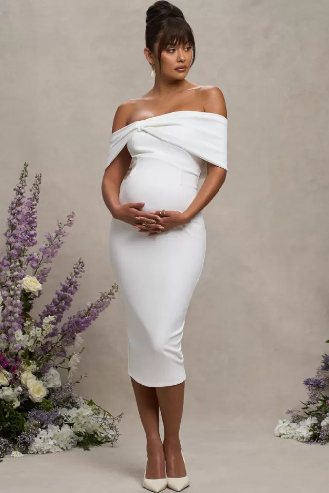 Club L London Alyssa | Bardot Bow Maternity Midi Dress with Ruching WHITE New