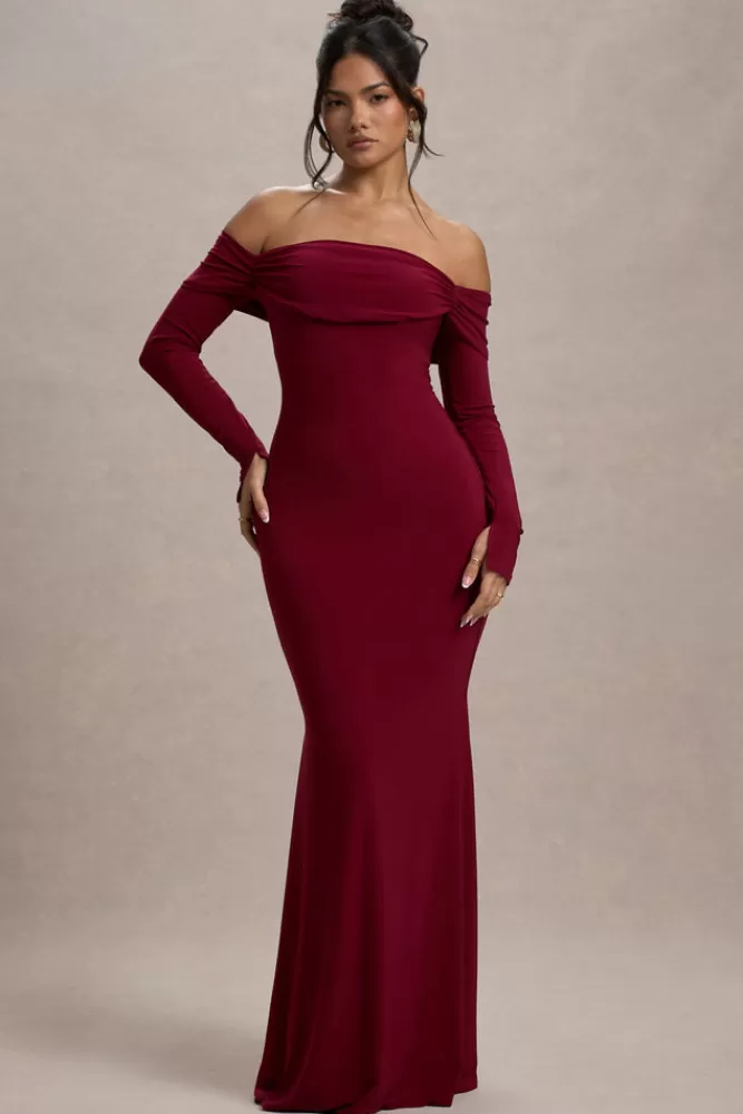 Club L London Amaia | Bardot Long-Sleeve Maxi Dress BERRY Cheap