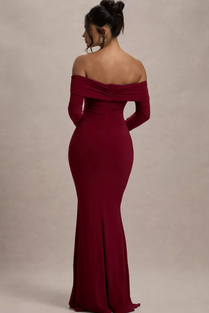 Club L London Amaia | Bardot Long-Sleeve Maxi Dress BERRY Cheap