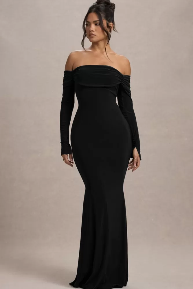 Club L London Amaia | Bardot Long-Sleeve Maxi Dress BLACK Flash Sale