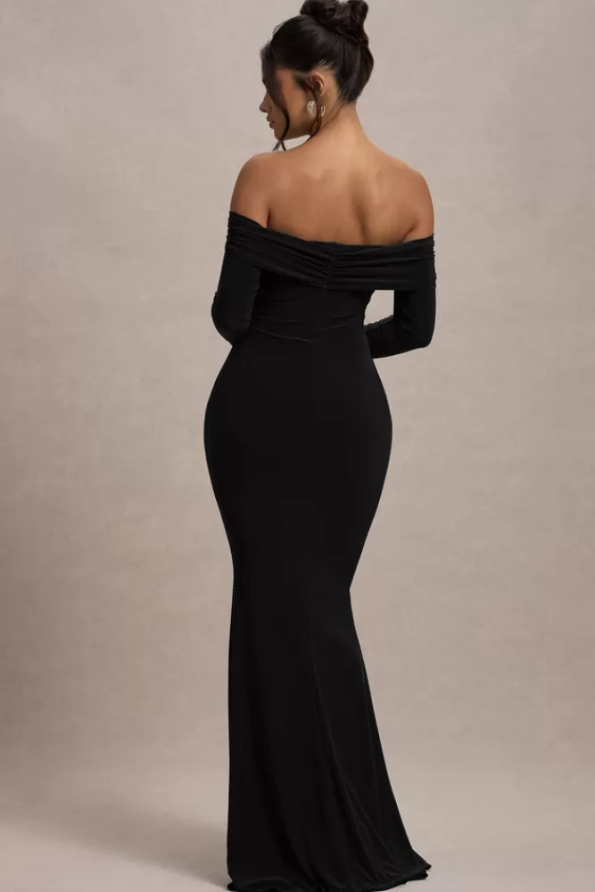 Club L London Amaia | Bardot Long-Sleeve Maxi Dress BLACK Flash Sale