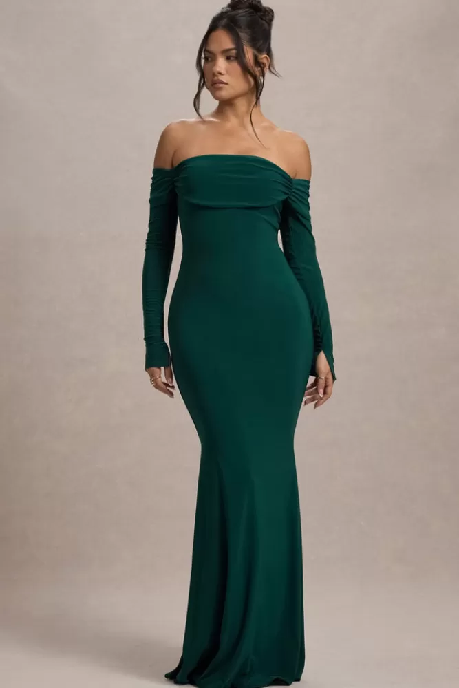 Club L London Amaia | Bottle Green Bardot Long-Sleeve Maxi Dress bottlegreen Best