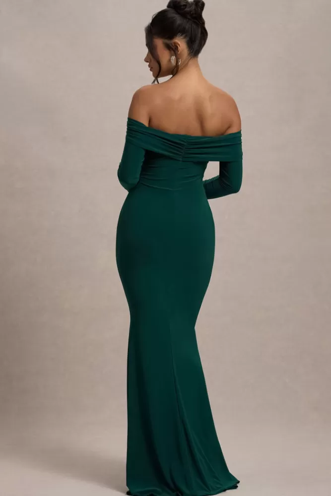 Club L London Amaia | Bottle Green Bardot Long-Sleeve Maxi Dress bottlegreen Best