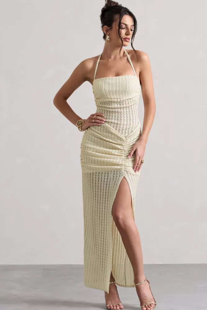 Club L London Amalfi | Textured Sheer Halter-Neck Maxi Dress ECRU Clearance