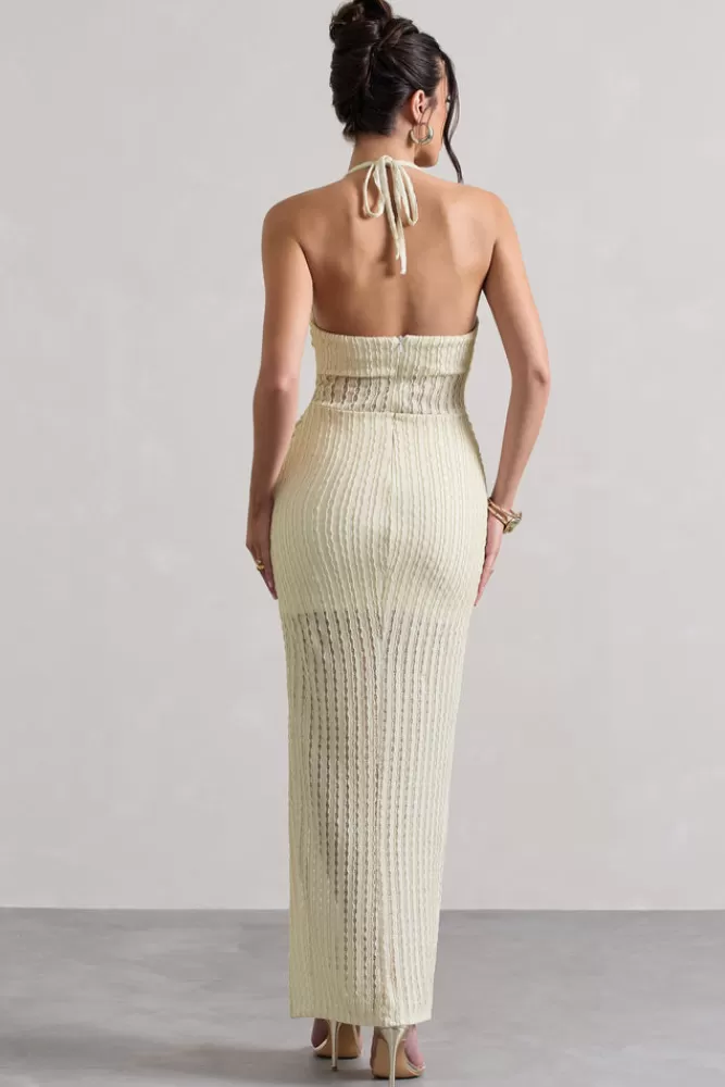 Club L London Amalfi | Textured Sheer Halter-Neck Maxi Dress ECRU Clearance