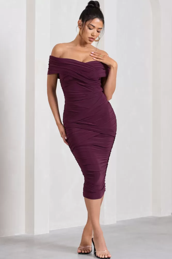 Club L London Amanda | Cherry Twisted Wrap Bardot Midi Dress DARKCHERRY Hot