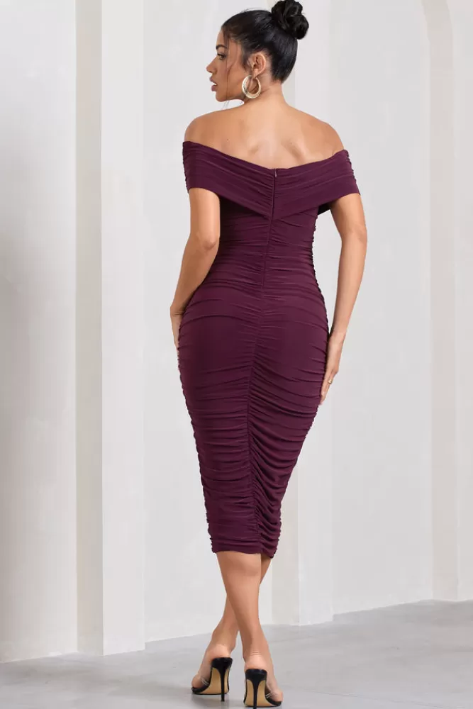 Club L London Amanda | Cherry Twisted Wrap Bardot Midi Dress DARKCHERRY Hot