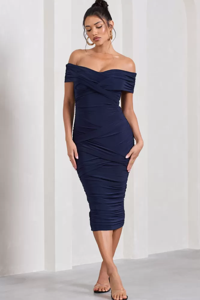 Club L London Amanda | Twisted Wrap Bardot Midi Dress NAVY Flash Sale