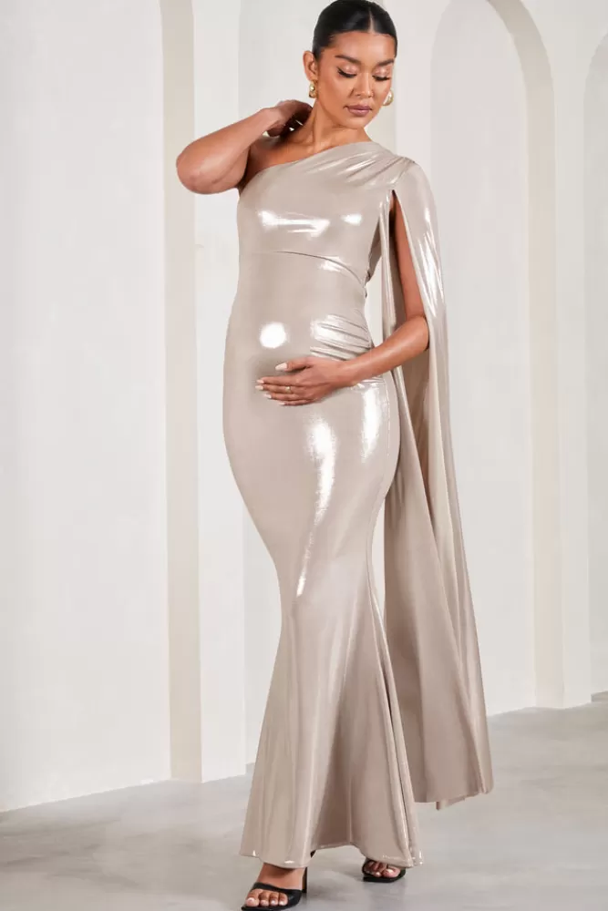 Club L London Amara | Gold Metallic One-Shoulder Maternity Maxi Dress With Cape GOLDMETALLIC Outlet