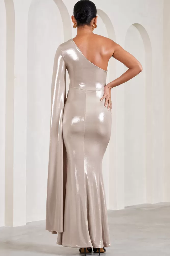 Club L London Amara | Gold Metallic One-Shoulder Maternity Maxi Dress With Cape GOLDMETALLIC Outlet