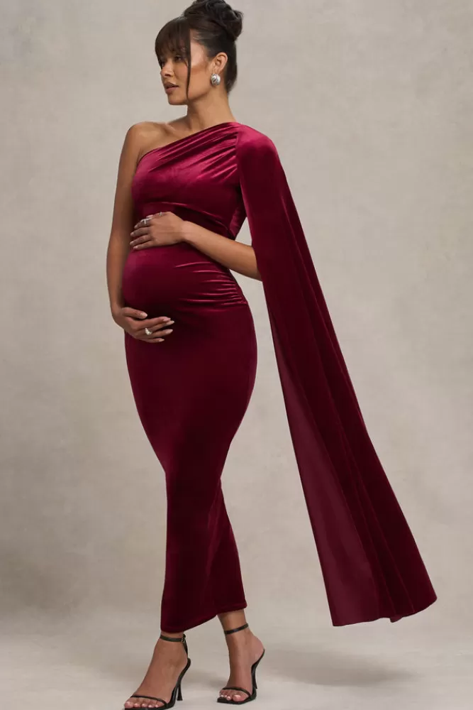Club L London Amaryllis | Velvet Maternity One Shoulder Maxi Dress with Cape Sleeve BERRY Cheap