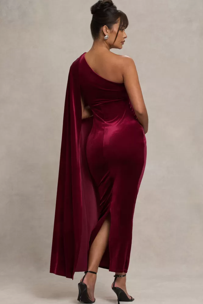 Club L London Amaryllis | Velvet Maternity One Shoulder Maxi Dress with Cape Sleeve BERRY Cheap