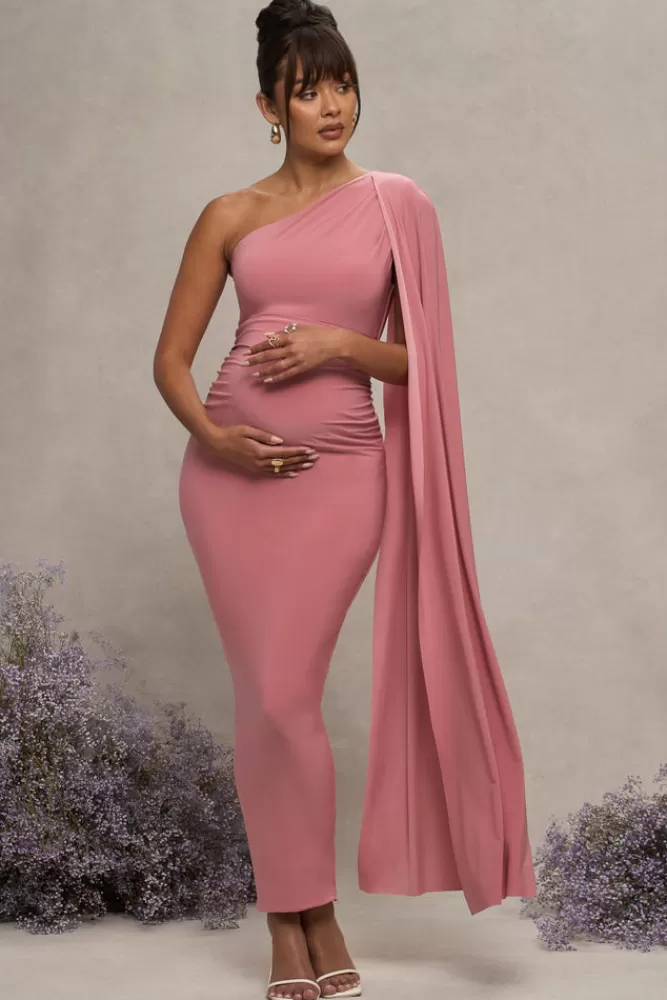 Club L London Amaryllis | Pink Maternity One Shoulder Maxi Dress with Cape Sleeve BLUSH Hot