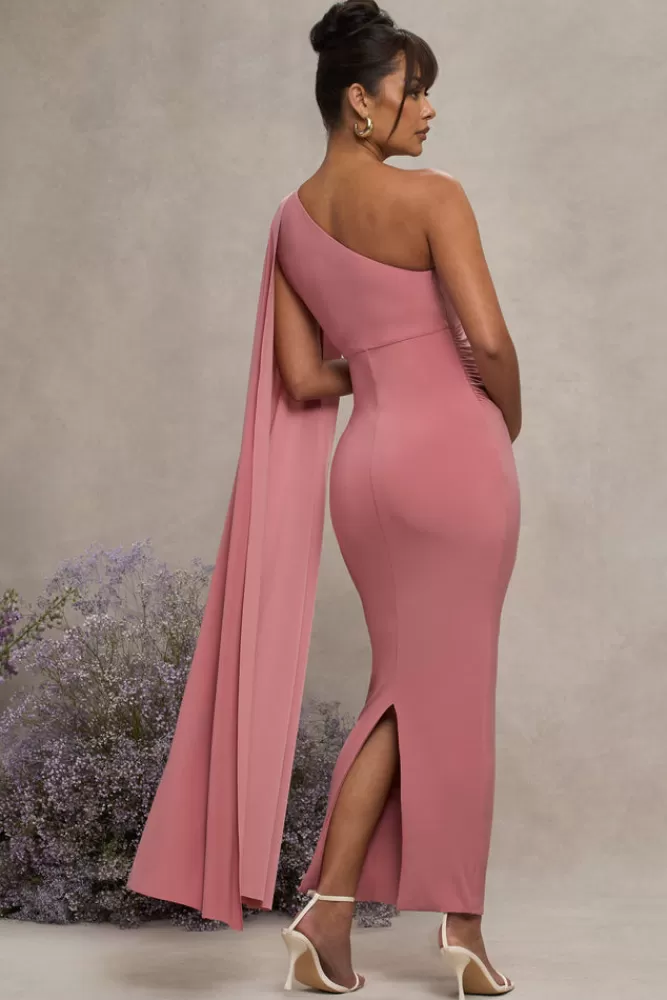 Club L London Amaryllis | Pink Maternity One Shoulder Maxi Dress with Cape Sleeve BLUSH Hot