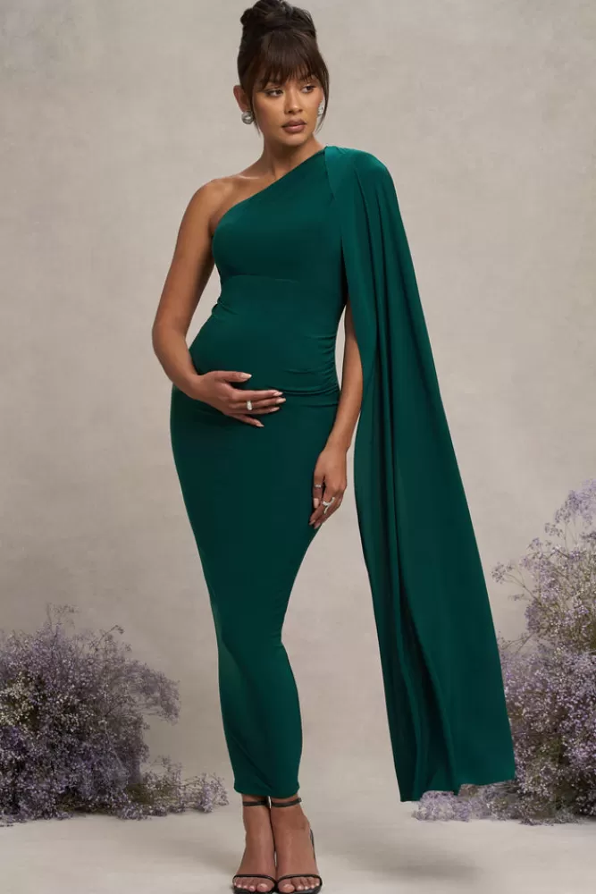 Club L London Amaryllis | Bottle Green Maternity One Shoulder Maxi Dress with Cape Sleeve BOTTLEGREEN Best Sale