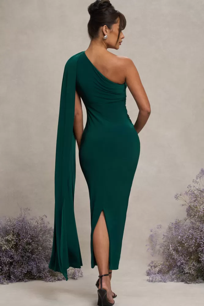 Club L London Amaryllis | Bottle Green Maternity One Shoulder Maxi Dress with Cape Sleeve BOTTLEGREEN Best Sale