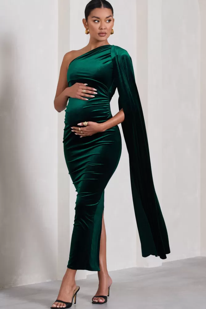 Club L London Amaryllis | Bottle Green Velvet Maternity One Shoulder Maxi Dress with Cape Sleeve BOTTLEGREEN Hot