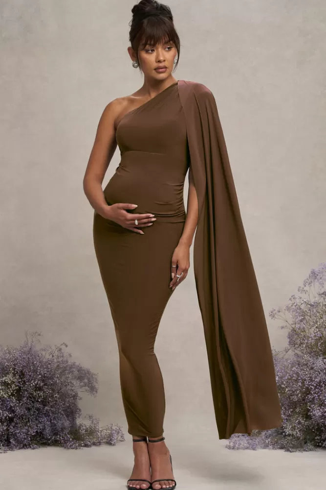 Club L London Amaryllis | Maternity One Shoulder Maxi Dress with Cape Sleeve CHOCOLATE Outlet