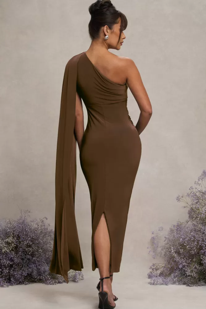 Club L London Amaryllis | Maternity One Shoulder Maxi Dress with Cape Sleeve CHOCOLATE Outlet