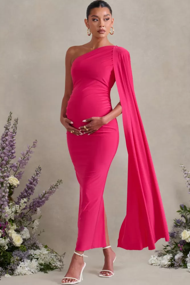 Club L London Amaryllis | Hot Pink Maternity One Shoulder Maxi Dress with Cape Sleeve HOTPINK Cheap