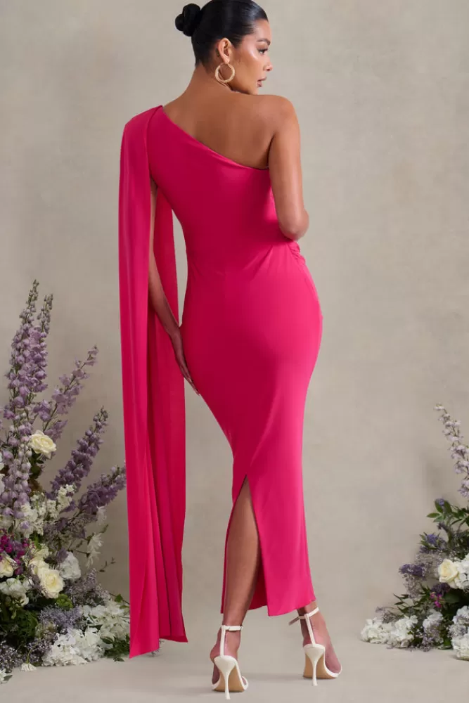 Club L London Amaryllis | Hot Pink Maternity One Shoulder Maxi Dress with Cape Sleeve HOTPINK Cheap
