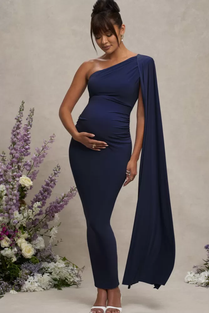 Club L London Amaryllis | Maternity One Shoulder Maxi Dress with Cape Sleeve NAVY Store