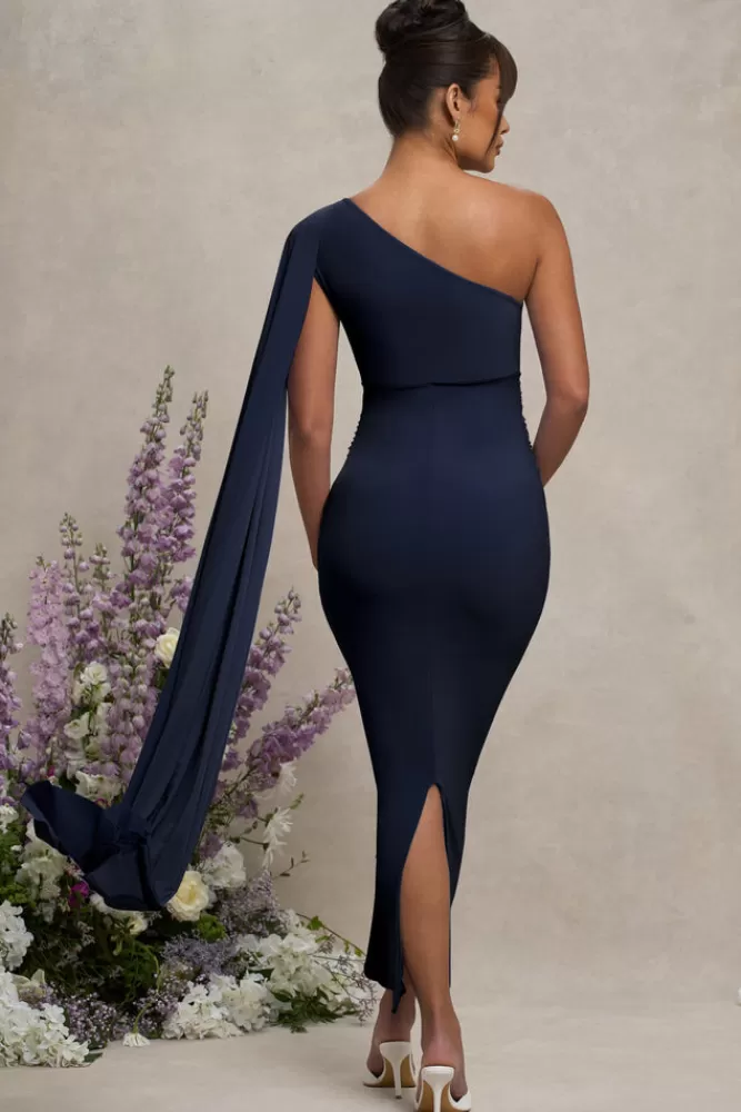 Club L London Amaryllis | Maternity One Shoulder Maxi Dress with Cape Sleeve NAVY Store