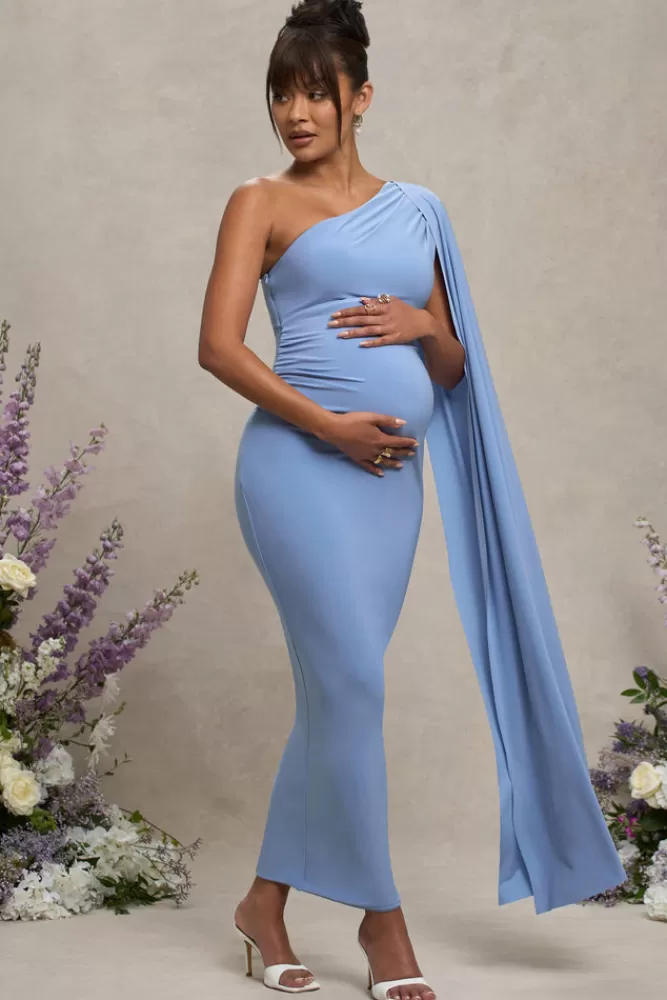 Club L London Amaryllis | Powder Blue Maternity One Shoulder Maxi Dress with Cape Sleeve POWDERBLUE Sale