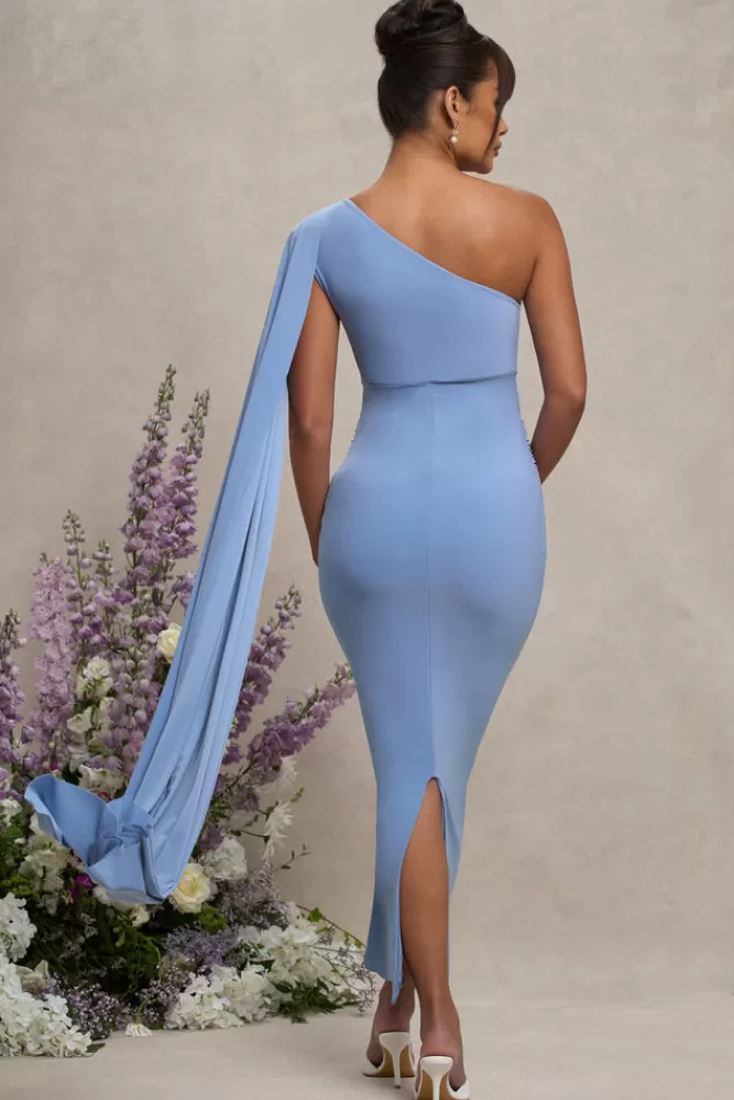 Club L London Amaryllis | Powder Blue Maternity One Shoulder Maxi Dress with Cape Sleeve POWDERBLUE Sale