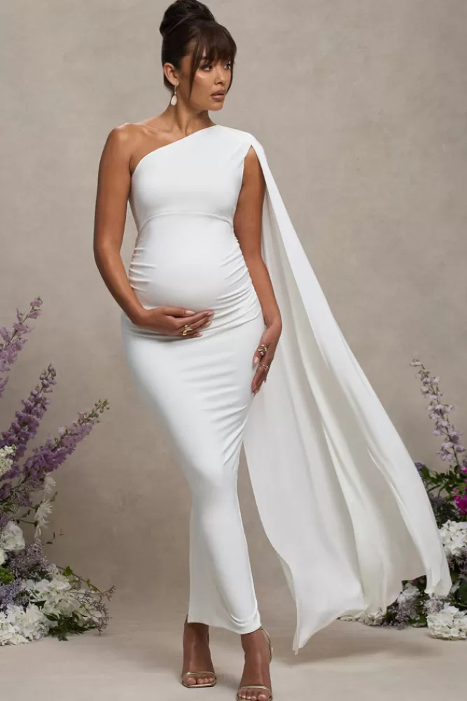 Club L London Amaryllis | Maternity One Shoulder Maxi Dress with Cape Sleeve WHITE Online